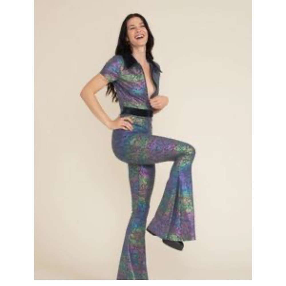 SpiritHoods Womens Holographic Rainbow Snakeskin Bell Bottom Jumpsuit Large L